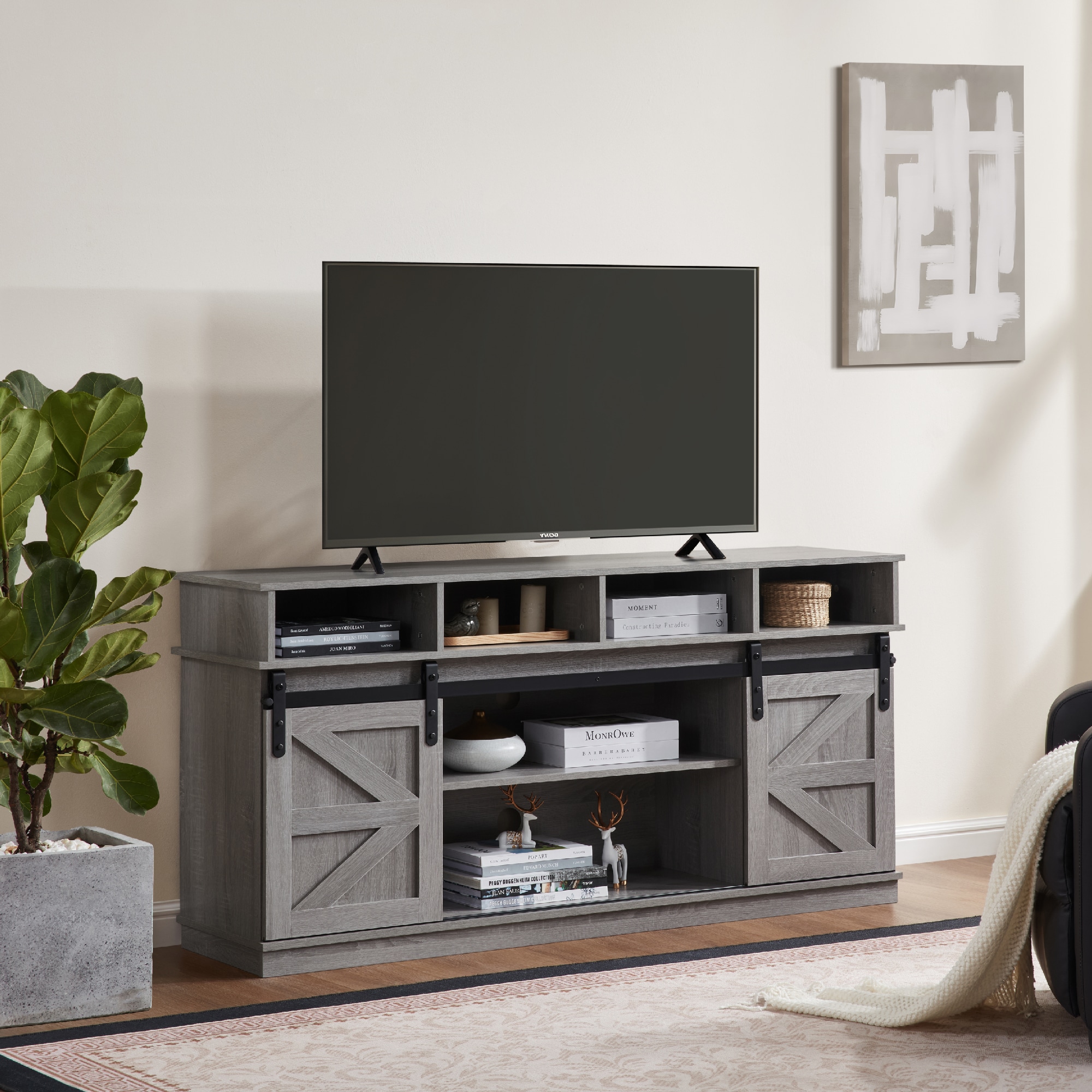 TV Stand Sliding Barn Door Modern&Farmhouse Wood Entertainment Center, Storage Cabinet Table Living Room with Adjustable Shelves for TVs Up to 65",Grey TV Stand Sliding Barn Door Modern&Farmhouse Wood Entertainment Center, Storage Cabinet Table Living Room with Adjustable Shelves for TVs Up to 65",Grey